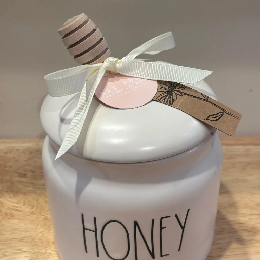 Rae Dunn Artisans Collection Ceramic Honey Jar With Lid & Wood Spoon NWTS